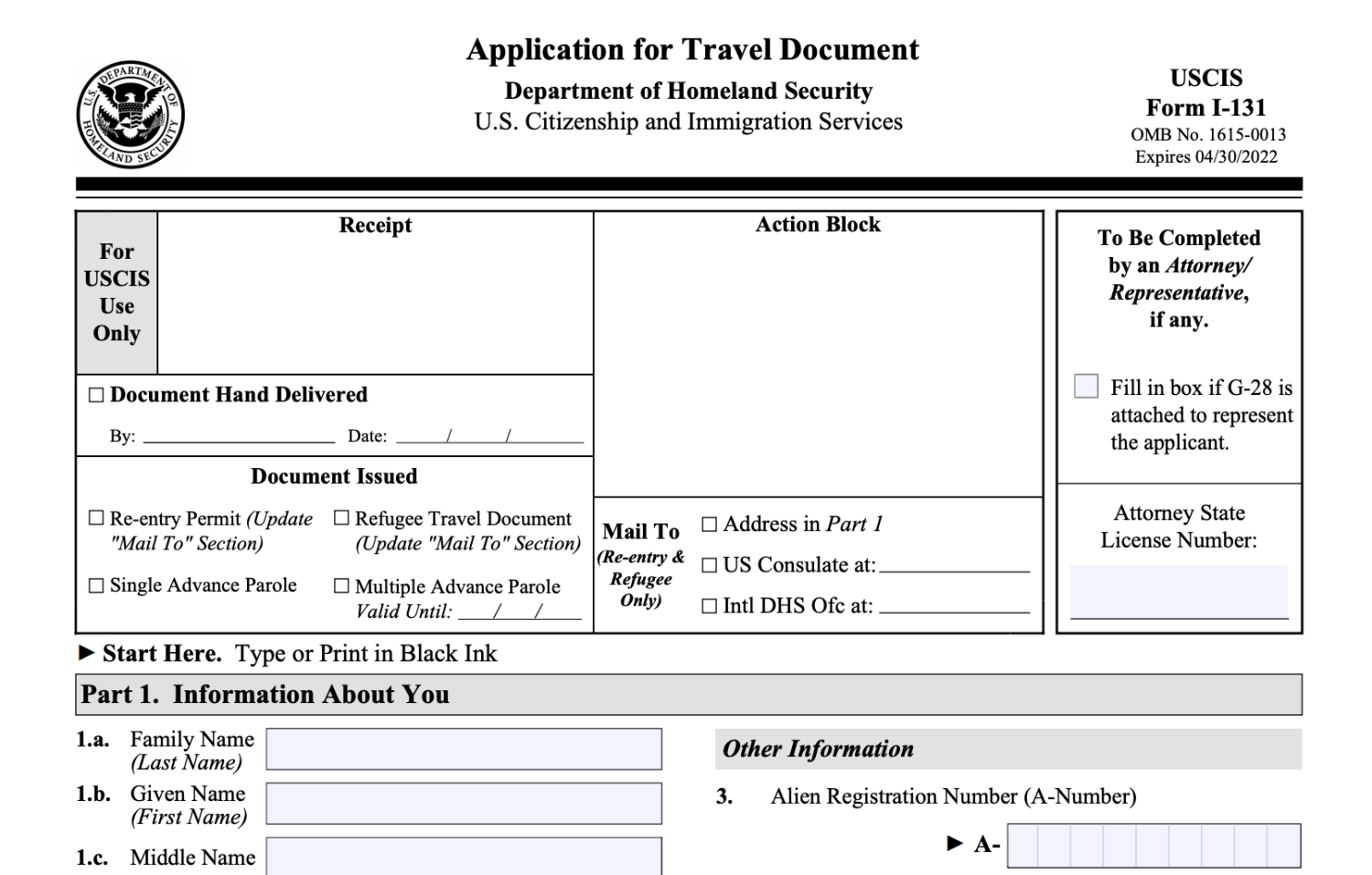 I-131, Application for Travel Document